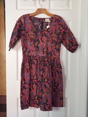 Mata Traders Fair Trade Dress Paisley Bohemian Peasant Woth Pockets Red Black Sm